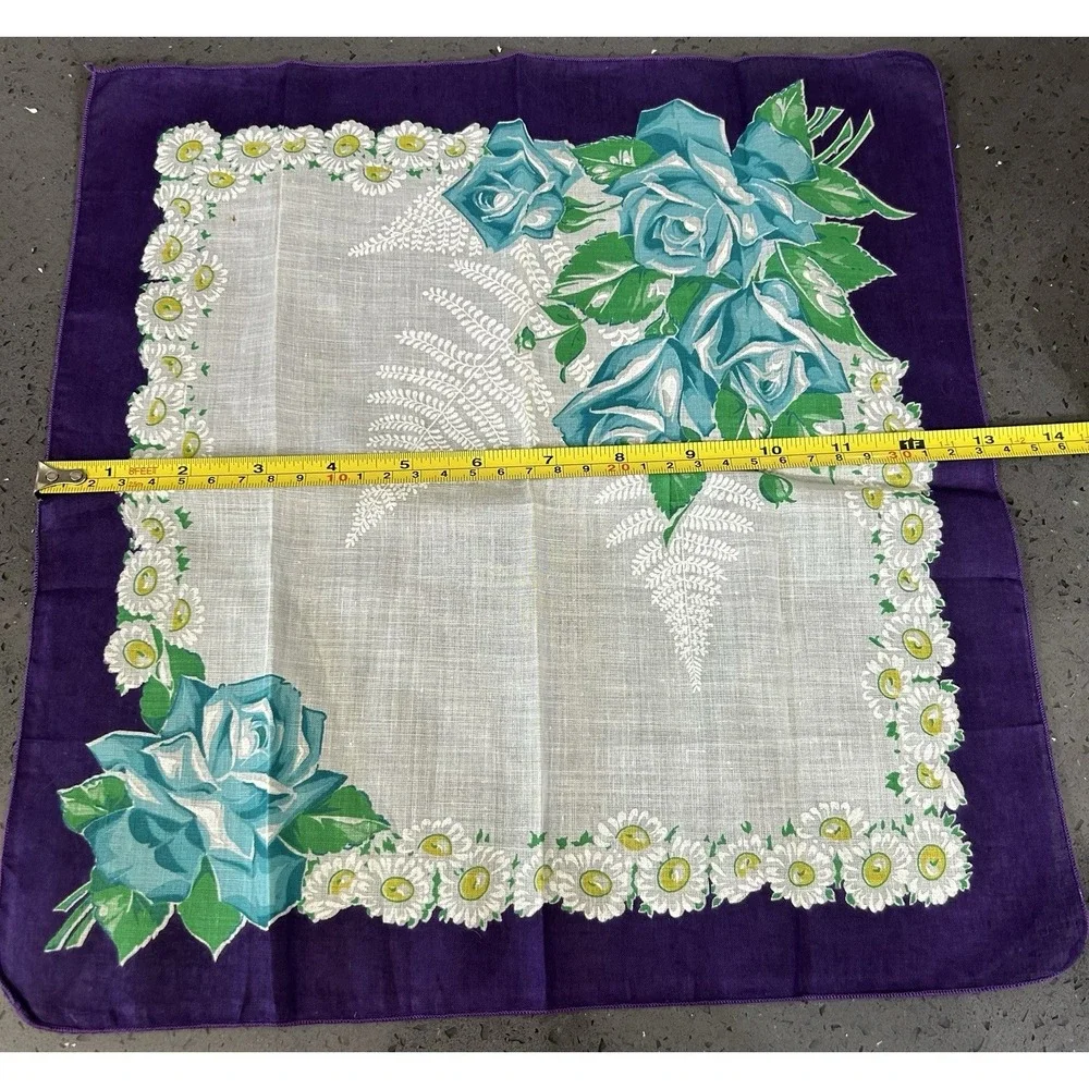 Vintage Blue Floral Roses White Daisies Purple Trim Hankie Handkerchief Linen